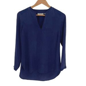 New Nexx York Womens Split V Neck Hi Low Silk Blouse Top Navy Patrion XS NWT